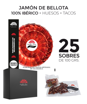 Pack de 25 sobres de 100 gr. de jamón de bellota 100% ibérico + huesos + tacos