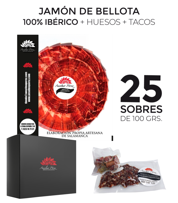 Pack de 25 sobres de 100 gr. de jamón de bellota 100% ibérico + huesos + tacos