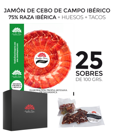 Pack de 25 sobres de 100 gr. de jamón de cebo de campo ibérico 75% raza ibérica + huesos + tacos