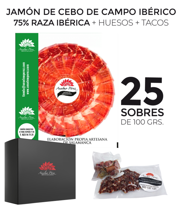 Pack de 25 sobres de 100 gr. de jamón de cebo de campo ibérico 75% raza ibérica + huesos + tacos