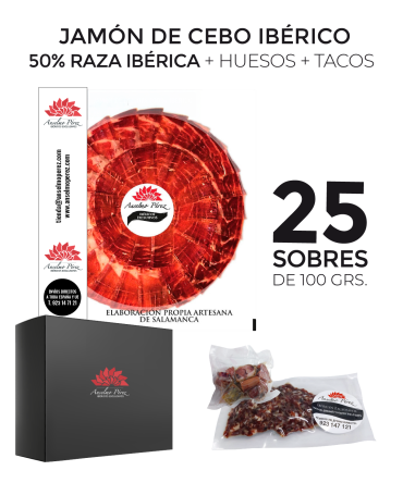 Pack de 25 sobres de 100 gr. de jamón de cebo ibérico 50% raza ibérica + huesos + tacos