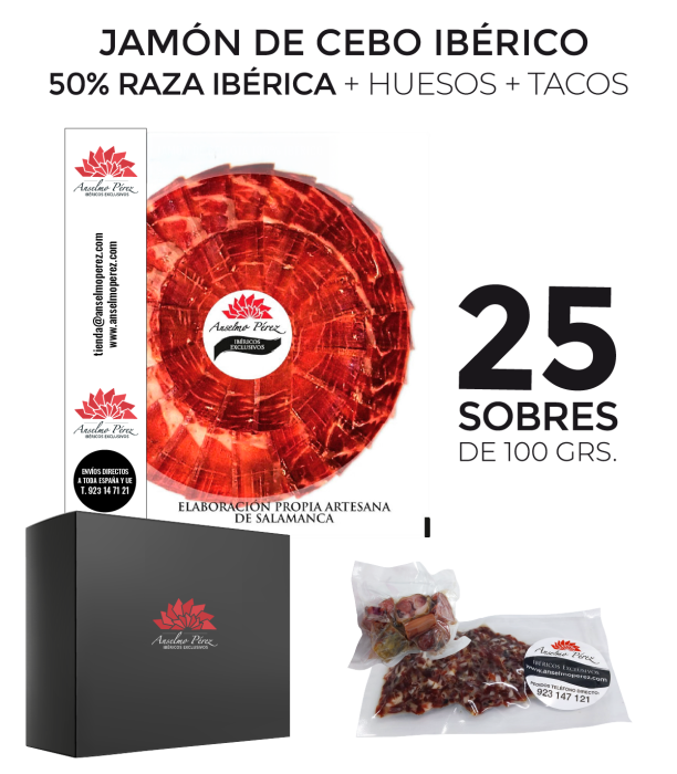 Pack de 25 sobres de 100 gr. de jamón de cebo ibérico 50% raza ibérica + huesos + tacos