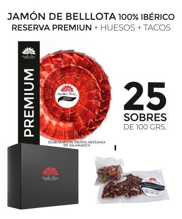 pack de 25 sobres de 100 gr. de jamón 100% ibérico reserva premium + huesos + tacos