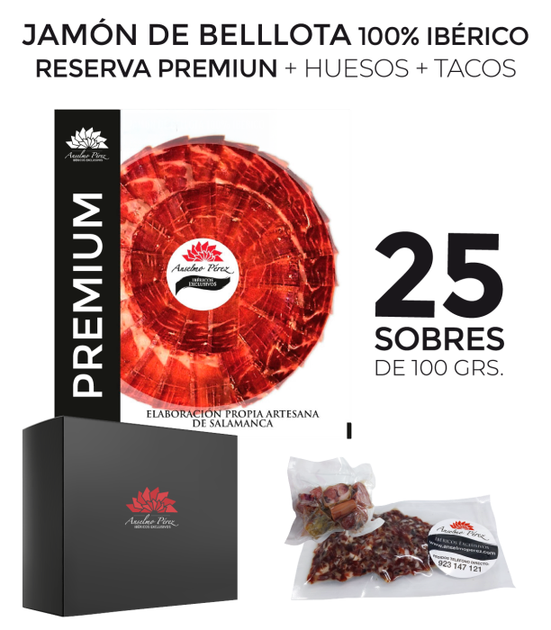 pack de 25 sobres de 100 gr. de jamón 100% ibérico reserva premium + huesos + tacos