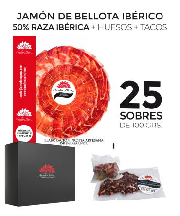Pack de 25 sobres de 100 gr. de jamón de bellota ibérico 50% raza ibérica + huesos + tacos