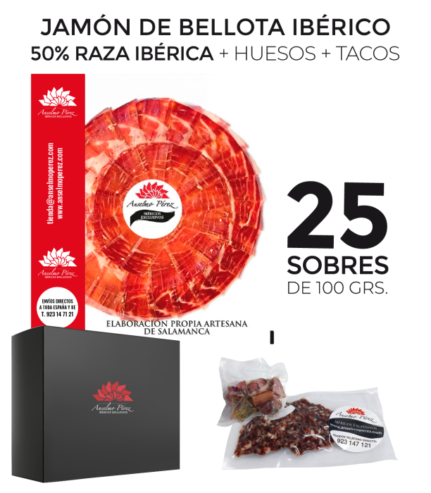 Pack de 25 sobres de 100 gr. de jamón de bellota ibérico 50% raza ibérica + huesos + tacos